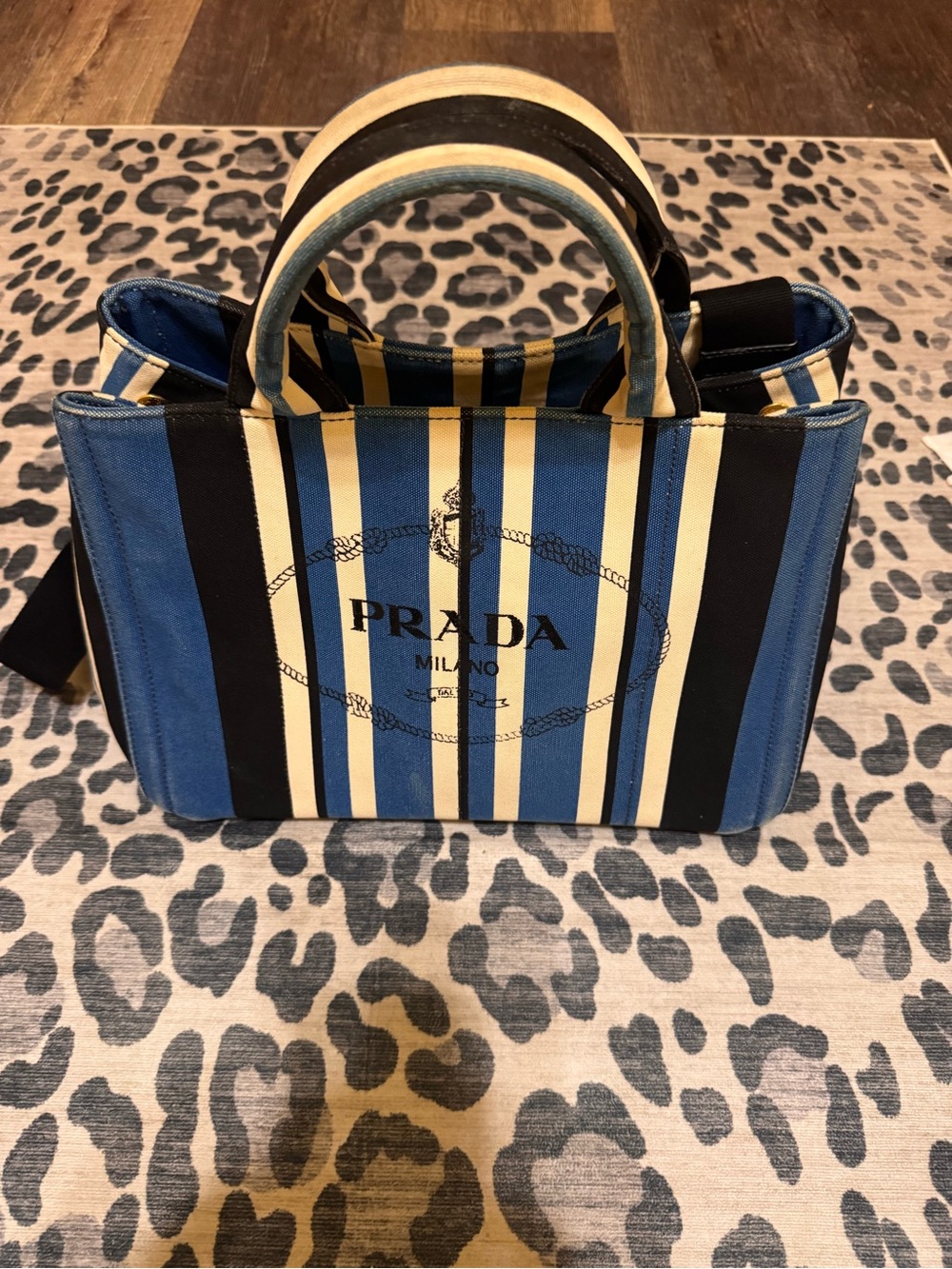 Prada Limited Edition Canada Righe Blue, Cream & Black Striped Canvas Tote COA